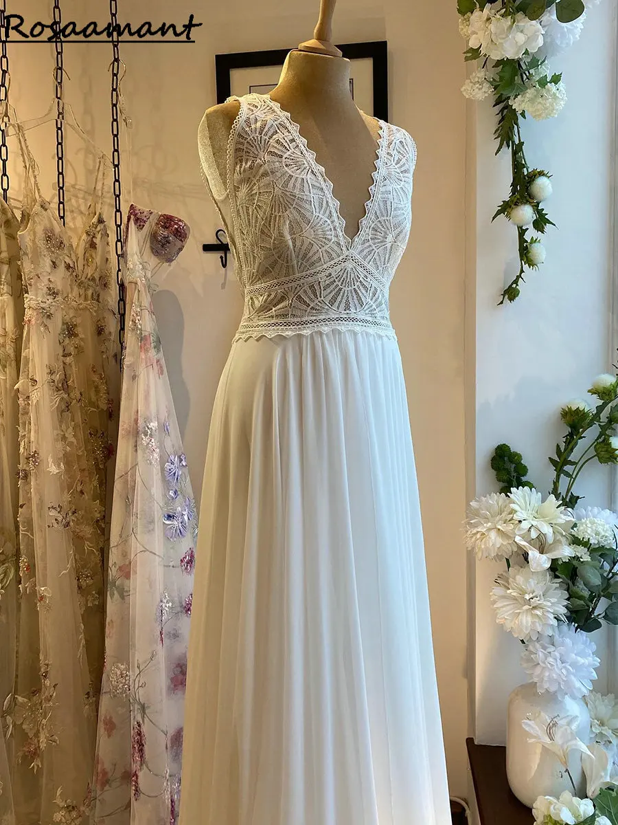 

Real Image V-Neck Sleeveless Wedding Dresses A-Line Illusion Appliques Lace Boho Country Bridal Gowns