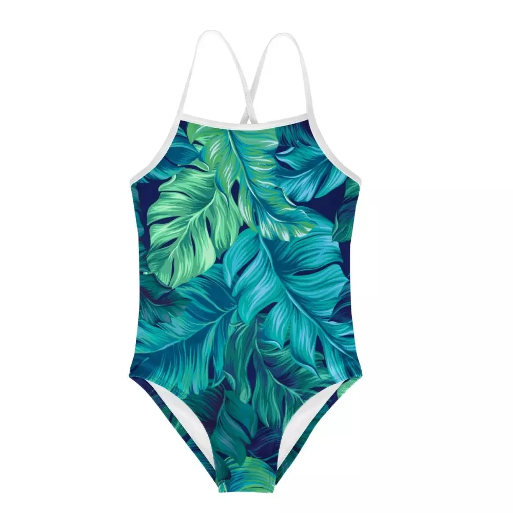 

Cumagical Lake Blue Leaves Print Kids Swimsuit 2022 2-8 Years Summer Children One Piece Swimwear Beachwear Kid Swimming Suit
