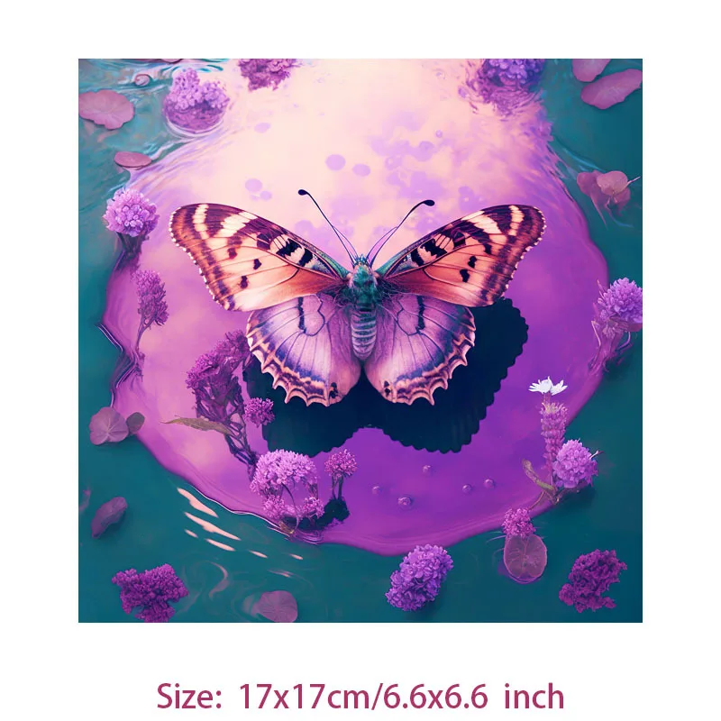 Акварель РадугаФиолетовые бабочки и цветы DTF утюг на термопереносах