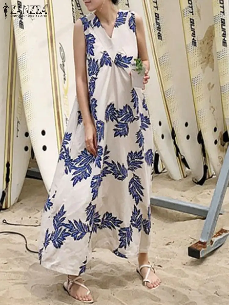 

Платье ZANZEA женское с V-образным вырезом, праздничный длинный сарафан без рукавов в богемном стиле, свободное платье оверсайз с принтом листьев