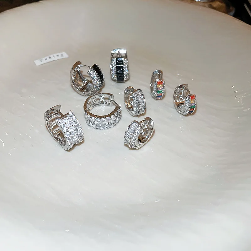 

Minar Dainty 3 Designs Sparkly Rainbow Black CZ Cubic Zirconia Hoop Earrings for Women Round Circle Chunky Earring Party Jewelry