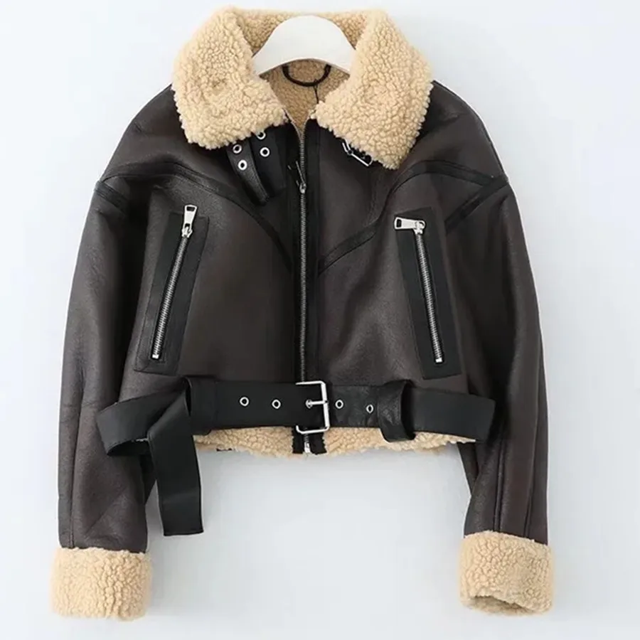 Dave&Di England  Winter Coat Women  Style Retro Lamb Cashmere Motorcycle Leather Jacket Warm Short Coat Women  Tops