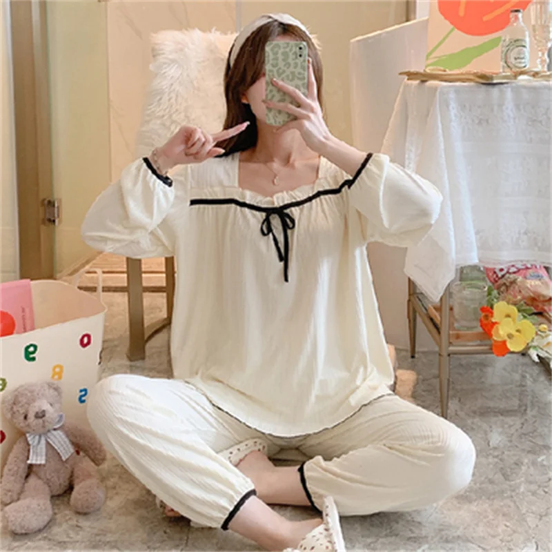 Pajamas Set Sexy Princess Cotton Bow Sleepwear For Women Elastic Pyjama Women's Soft  Fashion Sweet Homewear Clothes Big Size