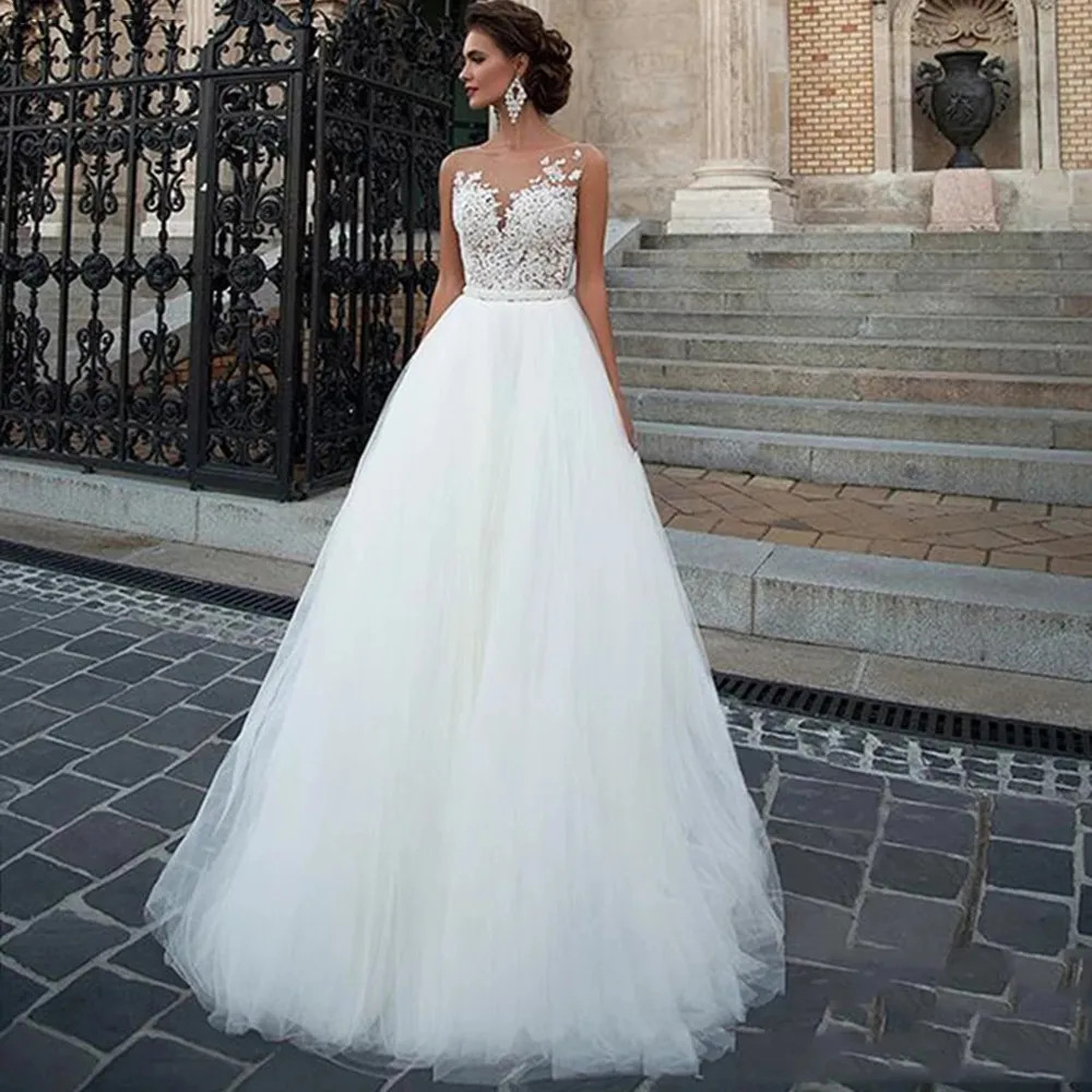 

Charming Tulle Wedding Gowns Sleeveless O-Neck A-Line Dresses with Appliques Sexy Illusion Design Bridal Gowns Cheap