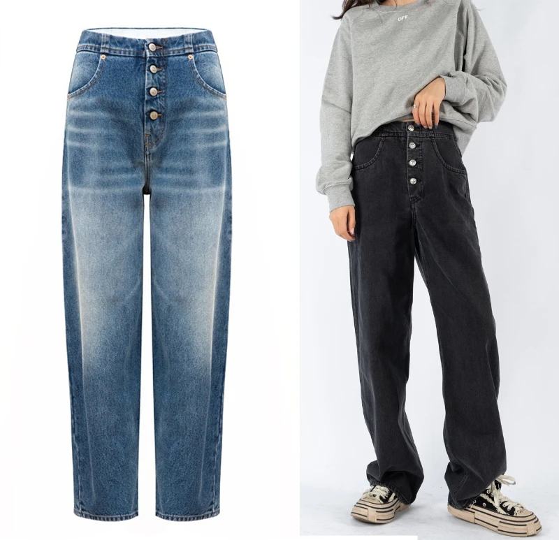 

Autumn Winter New Fashion Classic Trendy Brand Luxury Design High Waist Button Loose Straight Jeans Women Pants M6