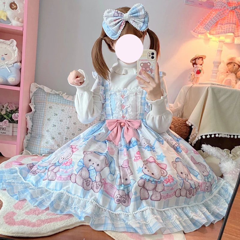 

Japanese Lolita Jsk Dress Cute Sleepy Bear Tea Party Jsk Print Kawaii Sling Summer Lace Bow Princess Baby Doll Dress For Woman Y