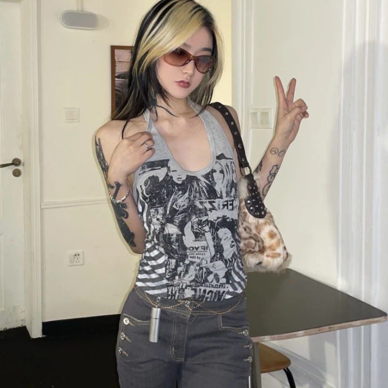 Топ женский готический с лямкой на шее в стиле Харадзюку |