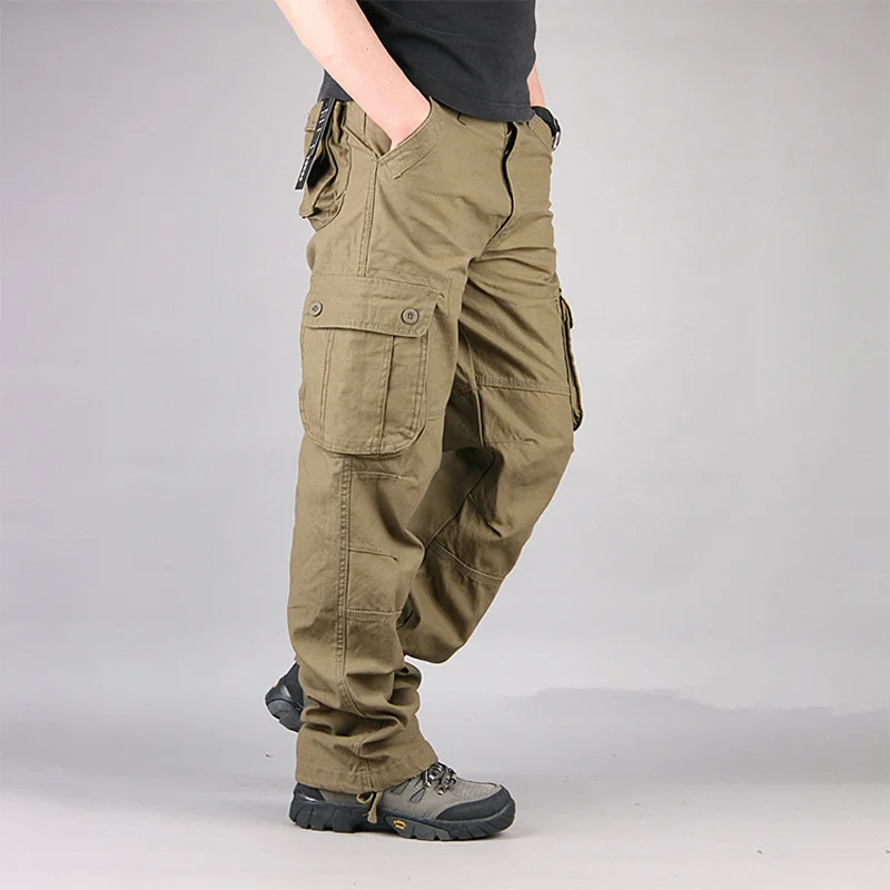 

Thoshine Brand Men Casual Cargo Pants Straight 90% Cotton Many Pockets Outdoor Safari Style Trousers Loose Oversize Plus Size