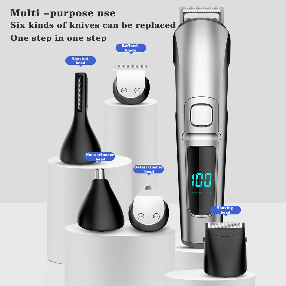 Professional 6 In 1 Multi-function Beard Trimmer Waterproof LED Display Hair Clipper Electric Razor for Home Men Grooming Kit
