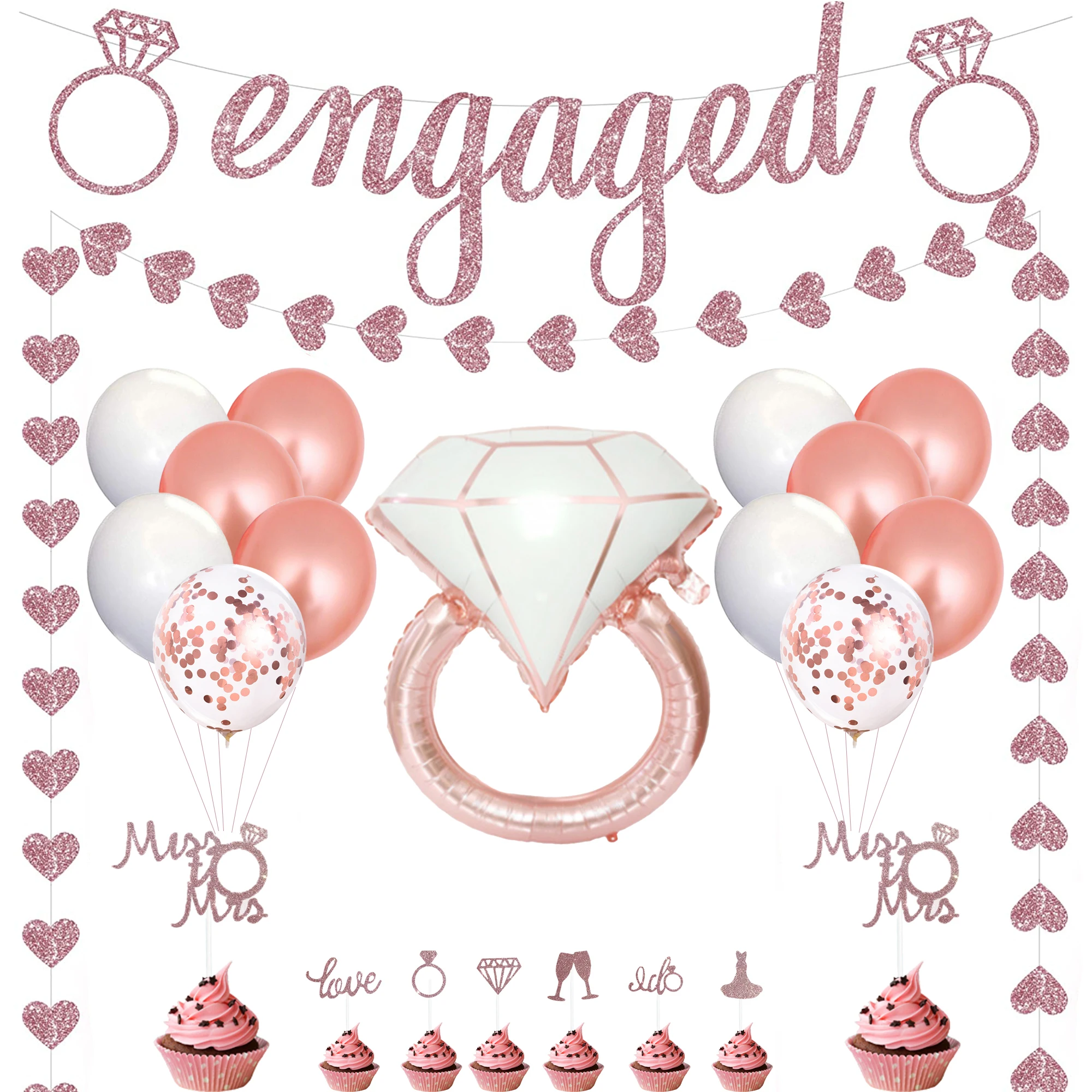 

Funmemoir Rose Gold Engagement Party Decorations Supplies Balloons Engaged Banner Garland Diamond Ring Foil Balloon Cake Topper