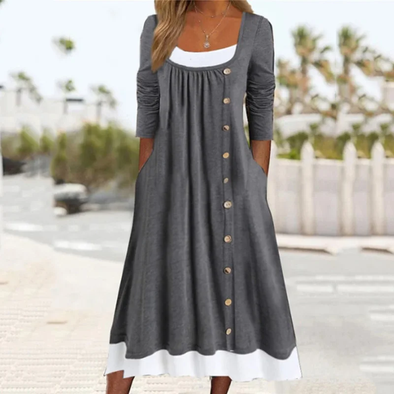 

Женское свободное платье-трапеция, Элегантное повседневное платье составного кроя с рукавом до локтя, квадратным вырезом, пуговицами и складками, осень 2023