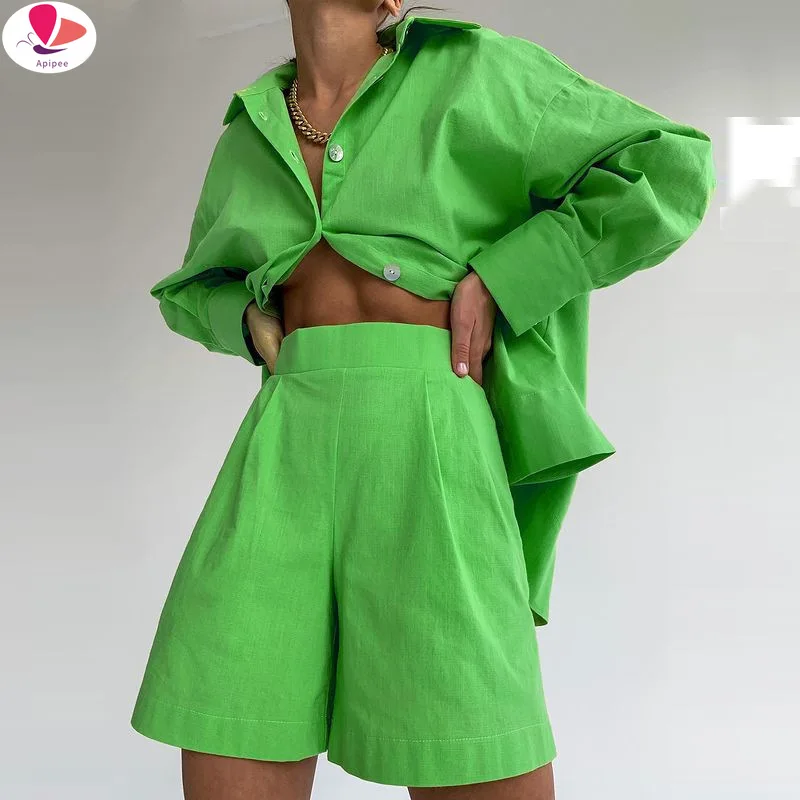 

Casual Women Short Set Tracksuit Loungewear Two Piece Women Outfits Oversized Long Shirt And High Waist Shorts Green
