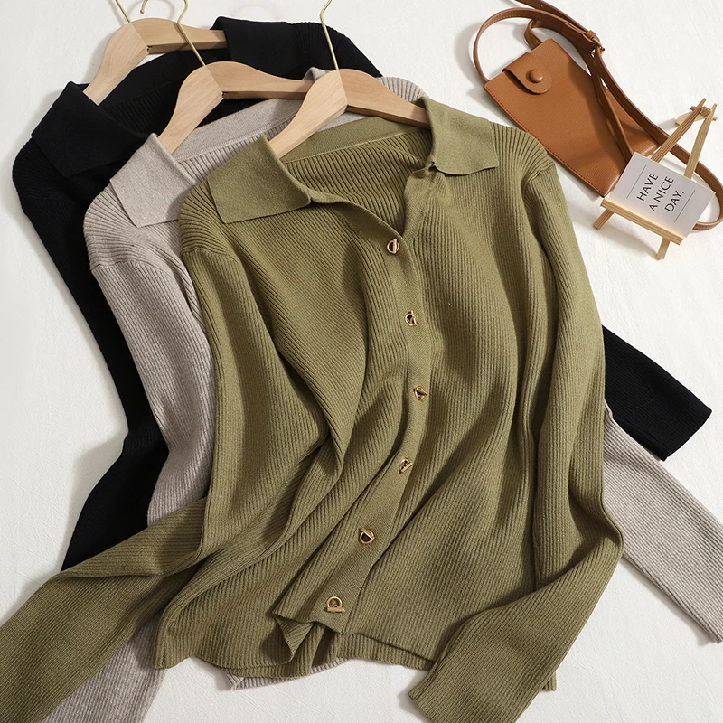 

Шикарные Модные женские топы Hikigawa, Повседневный свитер с отложным воротником на раннюю осень, тонкий вязаный Топ с длинным рукавом, Топ для ...