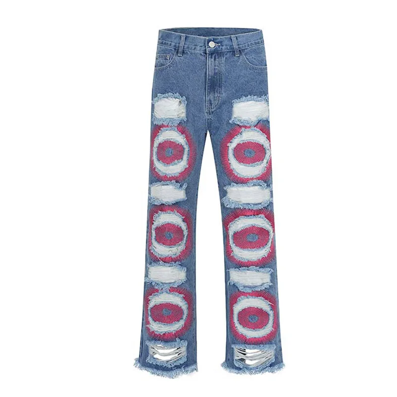 

Hi Street Ripped Vintage Jeans Pants Abstract Pattern Printed Casual Denim Trousers For Male Patchwork