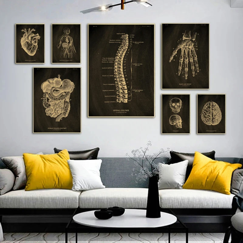 

Современное искусство на стену в виде анатомии человека, Постер черного и золотого цвета, украшение для врача, офиса, каркас, искусственная ...