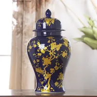 Chinese Ceramic Crafts Vase Home Decoration Accessories Blue Base Gold Storage Tank Living Room Wine Cabinet Decoration