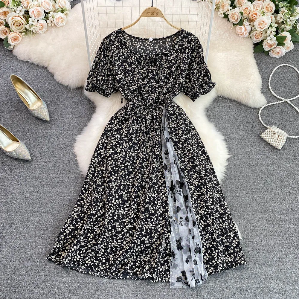 

SuperAen Summer 2022 New Retro Square Collar Mesh Patchwork A Line Floral Printing A-LINE Casual Dresses for Women