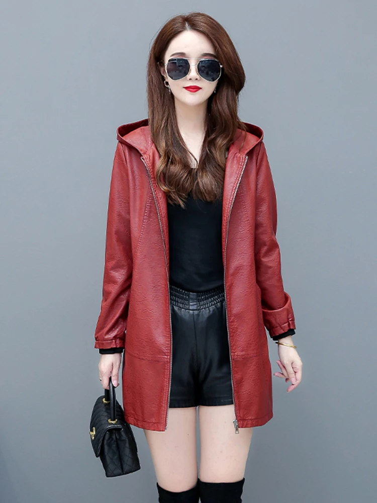 New Women Casual Hooded Leather Jacket Spring Autumn Fashion Loose Black Sheepskin Coat Medium Long Outerwear Split Leather
