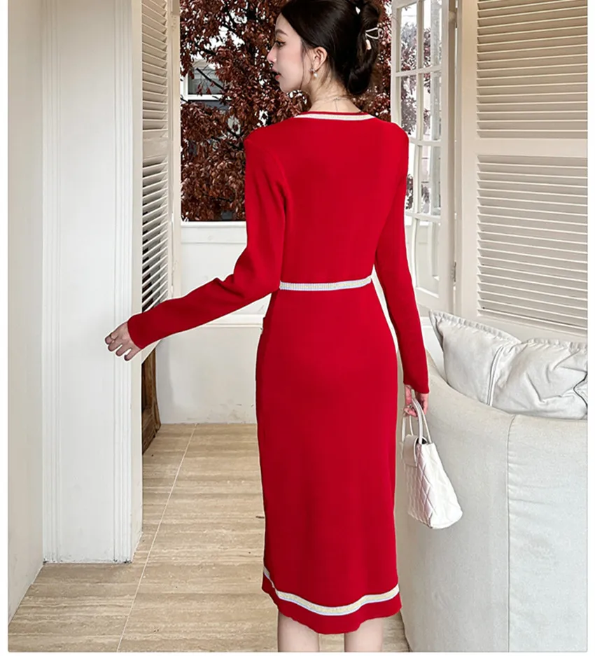 Элегантное женское трикотажное платье с круглым вырезом и длинным рукавом на