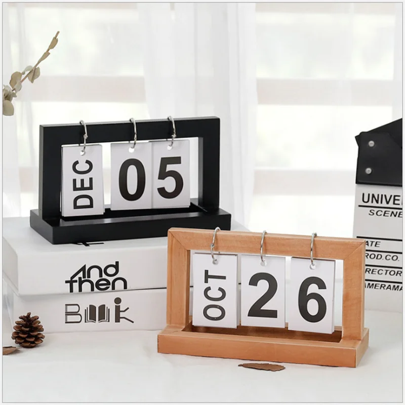 

Creative Wooden Page Turning Calendar Simple Home Desktop Ornament Decor Flipping Calendar Standing Desk Calendar Office Decor