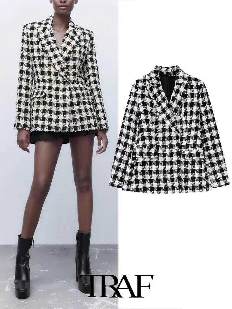 

TRAF Houndstooth Plaid Textured Blazer Women 2022 Casual Blazer Woman Office Female Suit Long Sleeve Jacket