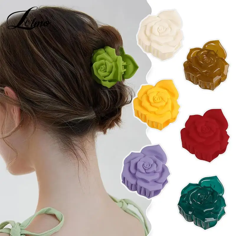 

Fashion Women Plastic Hair Claws Crab Clamps Charm Solid Color Hair Clips Rose Blossom Lady Headdress Hair Accessories