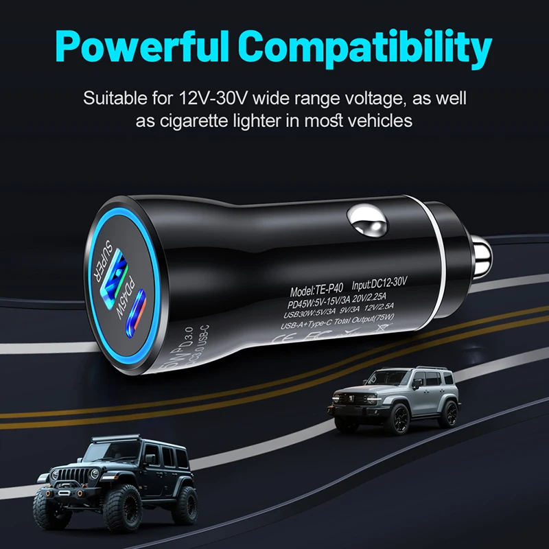Фото Автомобильное зарядное устройство с двумя портами USB-C PD3.0 и QC3.0, 45 Вт, с быстрой зарядкой и улучшенной защитой, совместимо с автомобилями 12В/24В №4