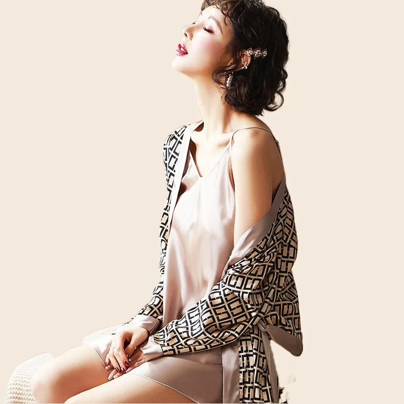 Women's Leopard Pajamas Set Full Sleeve Belt Robe Long Pants 2Piece/Set Rayon Silk Women Pyjama Cozy Homewear Sexy Stripe Pjs