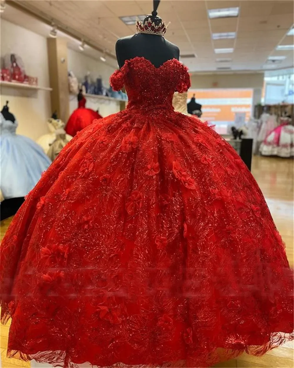 

Iridescent Ball Gown Sparkly Red 3D Flowers Off The Shoulder Quinceanera Dresses Formal Prom Evening Lace Up Princess Sweet 16