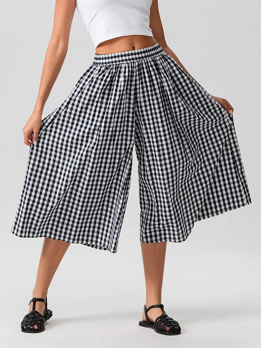Женские клетчатые Капри брюки-Капри с эластичным поясом и широкими штанинами