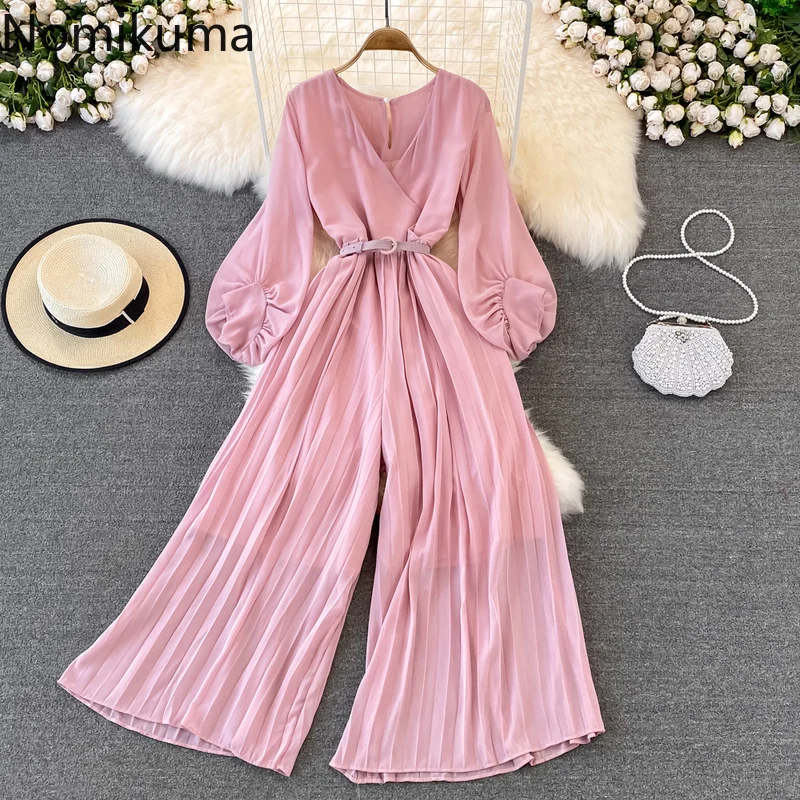 

Nomikuma Jumpsuit Women 2022 Lantern Sleeve High Waist Wide Leg Pleated Simple Combinaison Femme Retro Elegant Romper Women