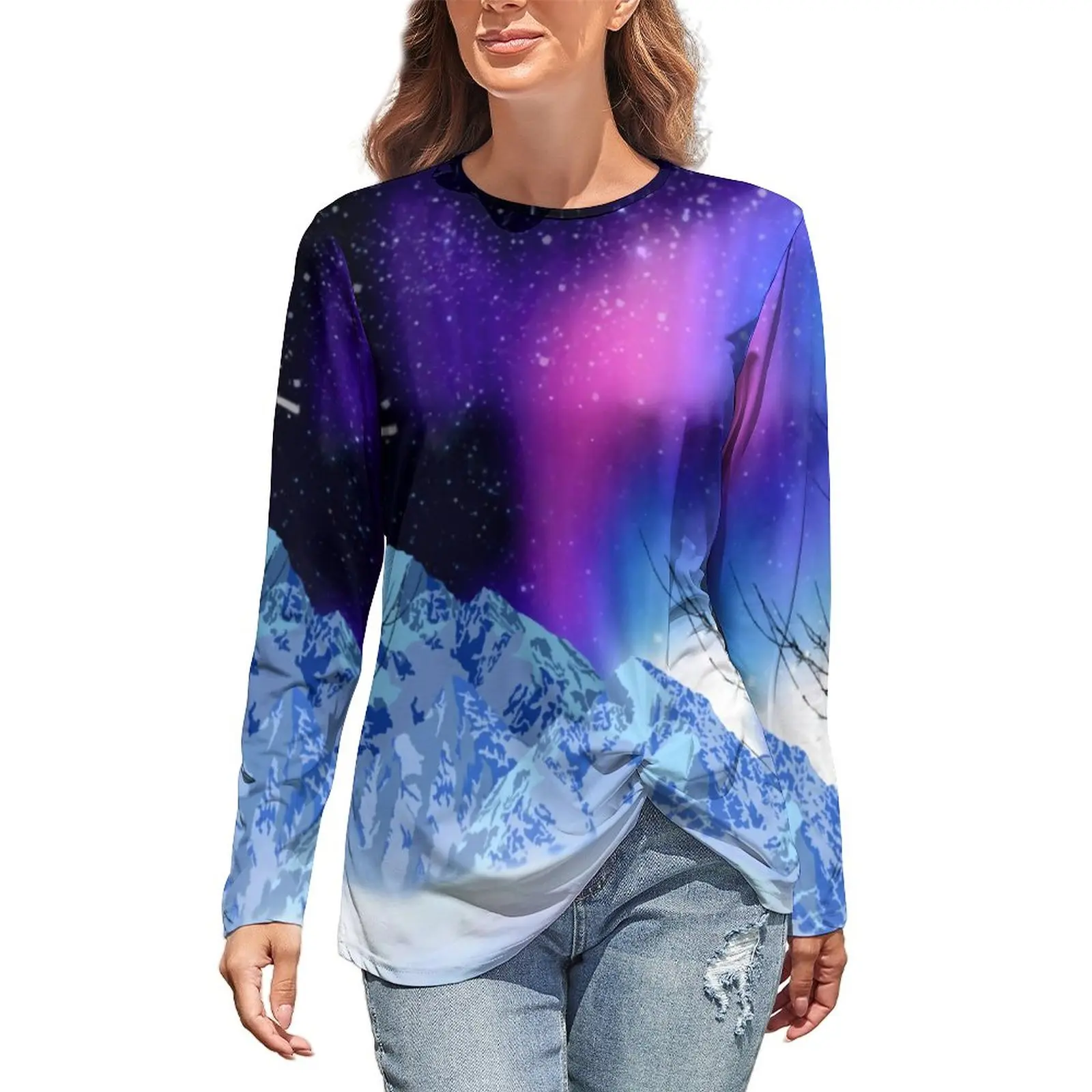 

Футболка женская зимняя с длинным рукавом и принтом «горы Галактики»