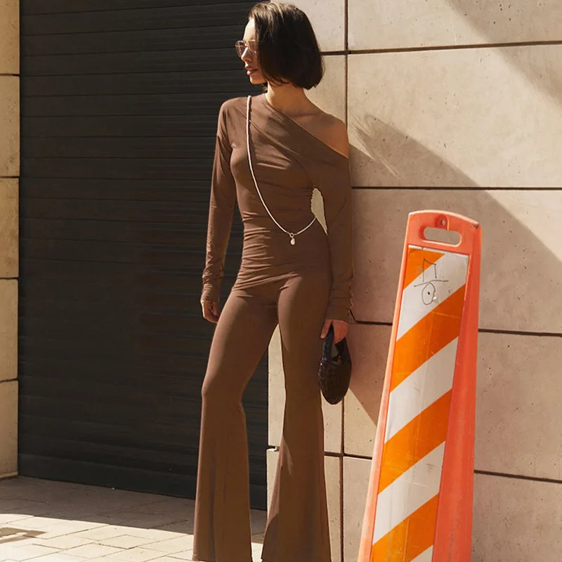 Apprabant Fashionable Sloping Shoulders Solid Trousers Set Long Sleeve Sexy Tight Fit Tops Streetwear Micro Flare Pants Suit