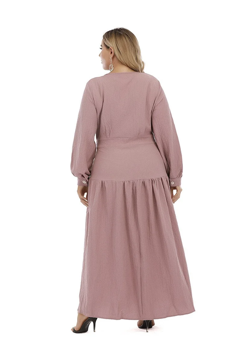 Plus Size Dress for Women Autumn 2022 Elegant Pink Ruffle Button Up O Neck Long Sleeve Empire A Line Dresses Solid 5XL