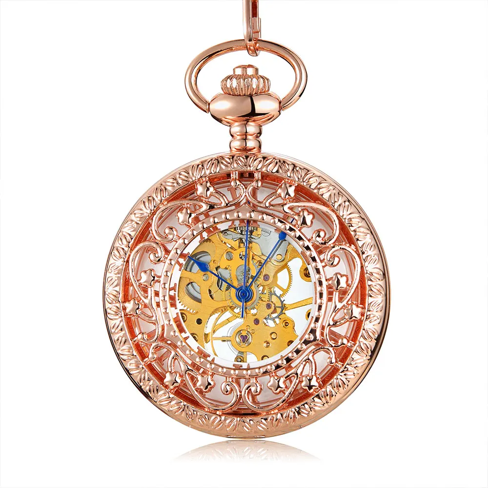 Rose Gold Mechanical Pocket Watch With Chain Steampunk Skeleton Hollow Hand-winding Pendant Clock Men Women Relógio de bolso