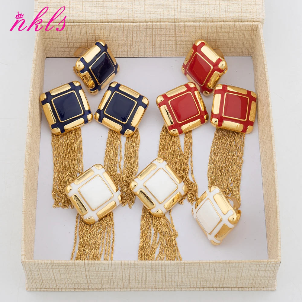 

Bohemian New Fashion Gold Color Earrings Ring Set Dubai Classic Jewelry Set Italian Luxury Bride Red Blcak Color Jewelry Gift