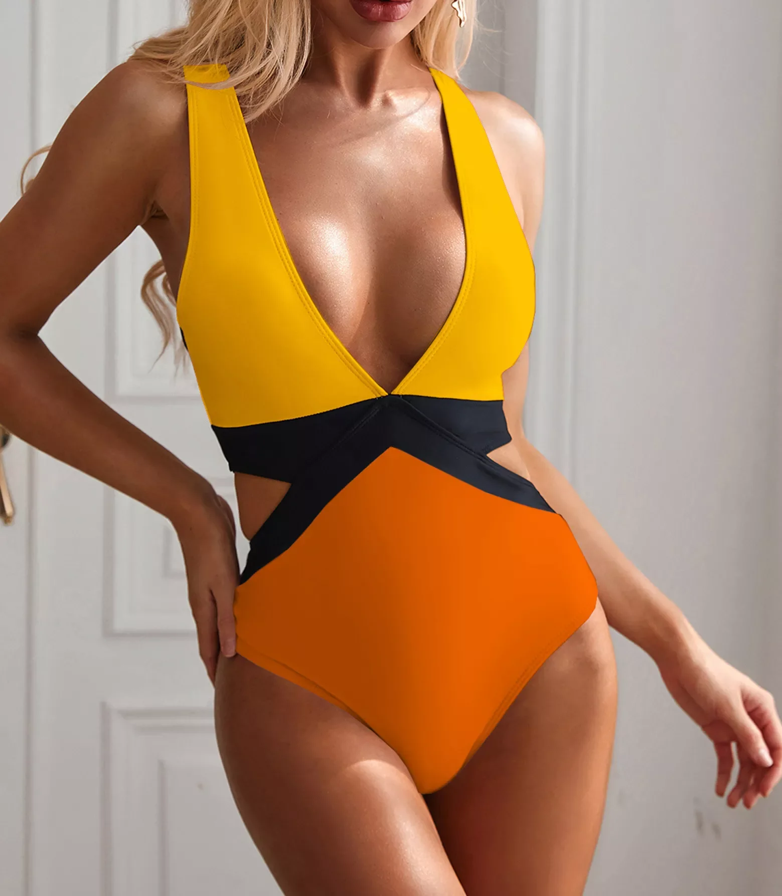 

Sexy Neon Orange Patchwork One Piece Swimsuit Women Push Up Backless High Waist Monokini Bathing Suit Tummy Control Swimwear