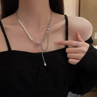 light luxury niche advanced pearl titanium steel necklace ladies ins tide stitching pink crystal love clavicle chain 2022 new