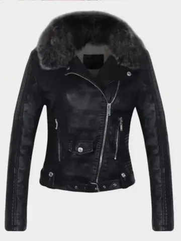Женская мотоциклетная куртка с меховым воротником, черная или розовая теплая байкерская куртка из искусственной кожи с поясом, зима 2024