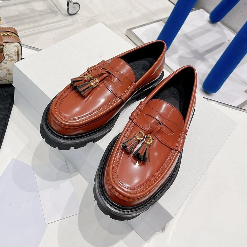 New leather European and American style thick soled leoford shoes women's tassel chain casual single shoes British small shoes