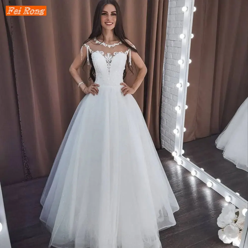 

2023 New White Bridal Wedding Dress Lace Appliquéd Beaded Tulle See Through Backless Floor Length Dress Vestidos De Novia