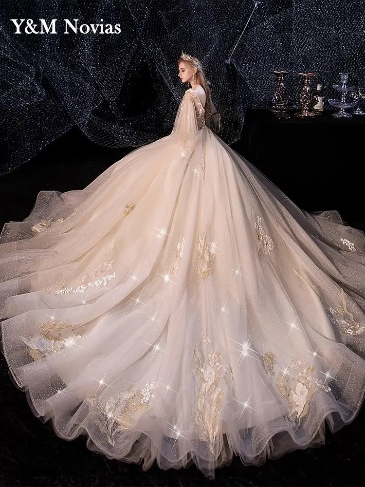 

Y&M Novias Gliter Sweetheart Champagne Wedding Dress Elegant 2022 Robe De Soiree Cap Sleeves A-Line Bridal Vestidos De Noiva
