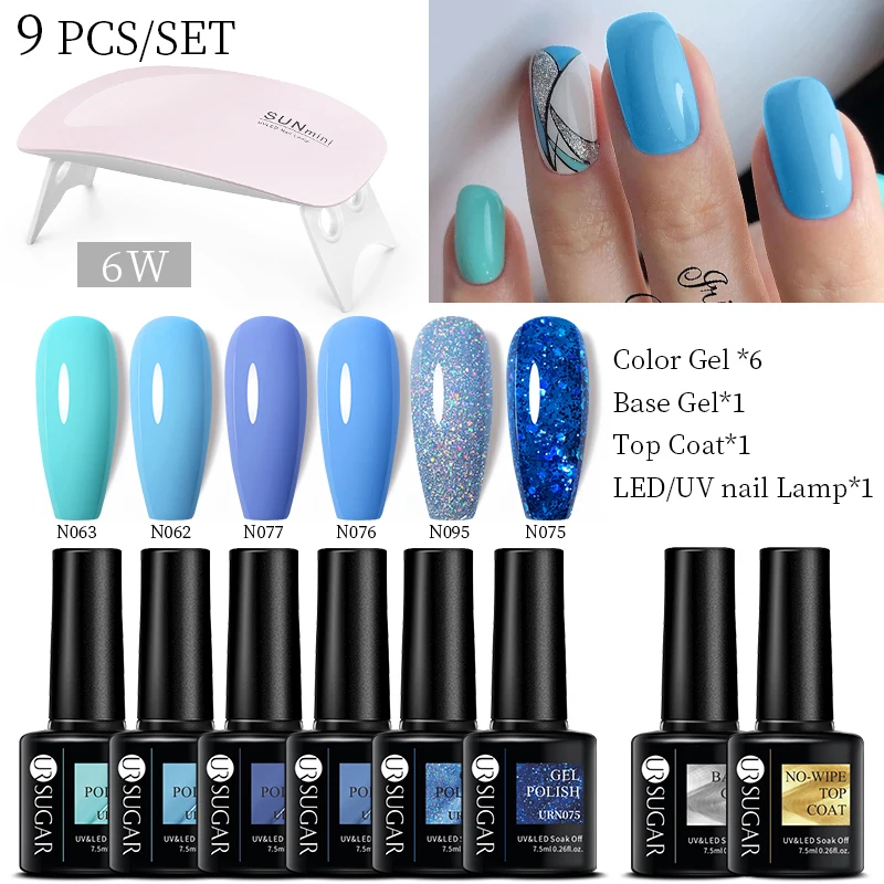 

UR SUGAR 6/9PCS Blue Gel Nail Polish Set With 6W UV Lamp Base Top Kit Nail Art for Manicure Semi permanent Soak Off Gel Nail Set