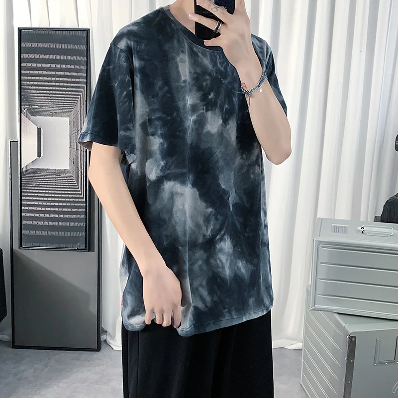 M-5XL 2022 Summer Casual Short-sleeved T-shirt Mens Retro Large Size Personality Tie-dye Hit Color Loose Casual Top Men