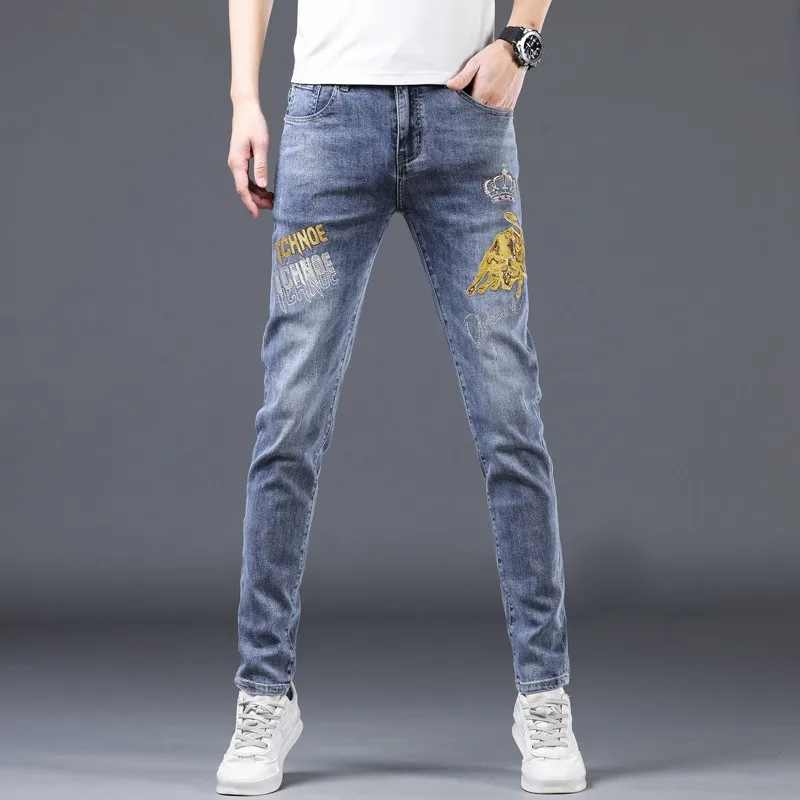 Summer Bull Embroidered Jeans Men European Station Thin Smoke Grey Slim Fit Small Foot Stomach Denim Pants High End Cotton Dress