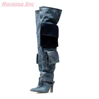 2022 hottest patchwork denim womens boots slip on pointed toe over the knee fashion turned over edge cool modern boots