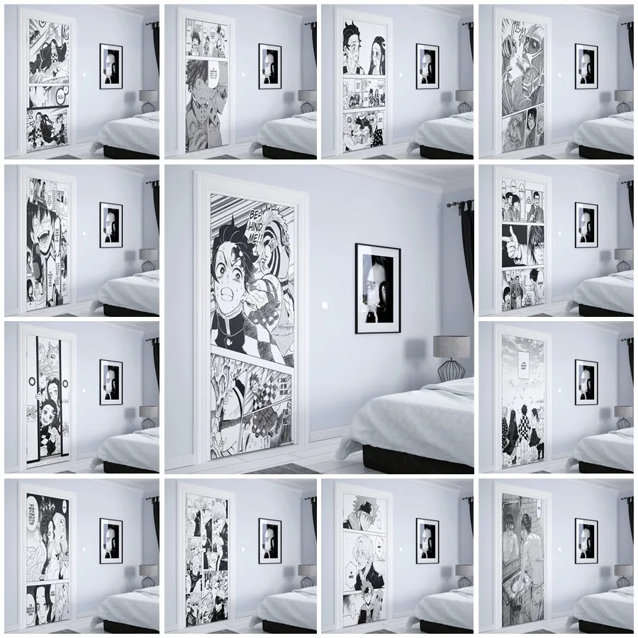 

japanese cartoon comics Anime figure Demon Slayer door stickers door decoration PVC kids bedroom painting Home Decor wall art