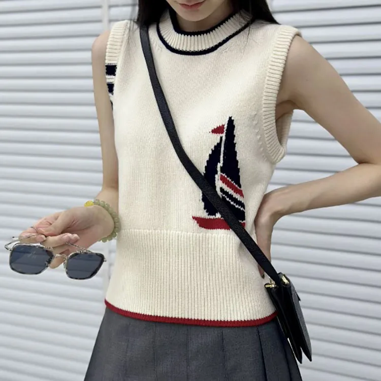 

TB BROWIN Women Knitted Sleeveless Vest O-Neck Outerwear Casual Striped Sailboat Jacquard Matching Color Wool Vest Korean Design