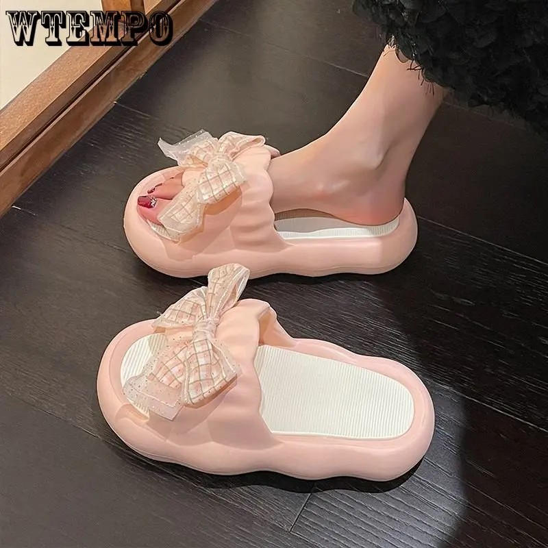 WTEMPO Summer Thick Bow Tie Slippers Fashion Women Indoor Home Sandals Bathroom Slides Non-slip Soft House Slippers Dropshipping