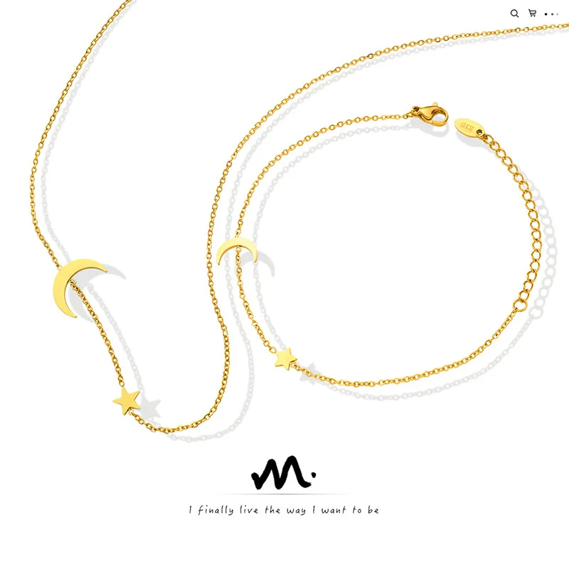 

CARLIDANA 2Pcs/Set High Quality 316L Stainless Steel Moon Star Charm Necklace/Bracelet 18 K Real Gold Plated Jewelry for Women